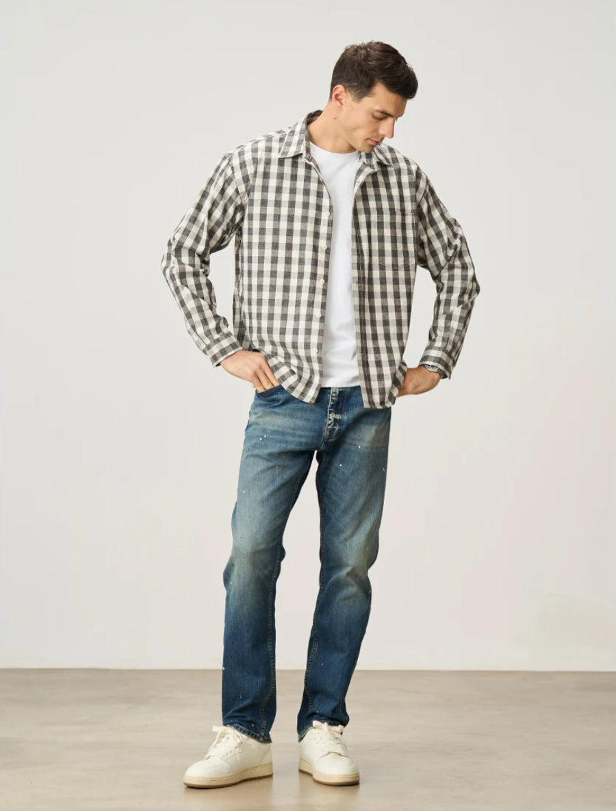 Oversized Linen-Cotton Plaid Casual Shirt