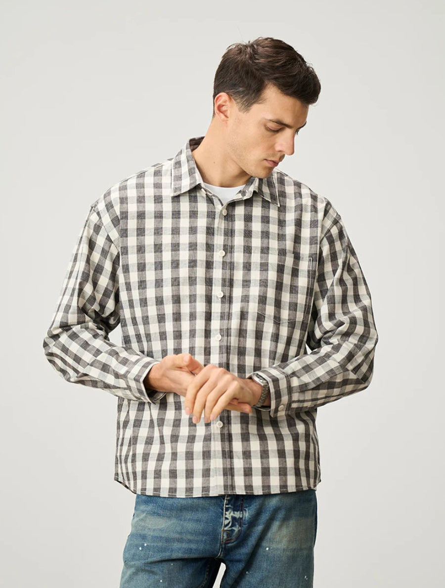 Oversized Linen-Cotton Plaid Casual Shirt