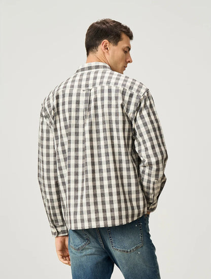Oversized Linen-Cotton Plaid Casual Shirt