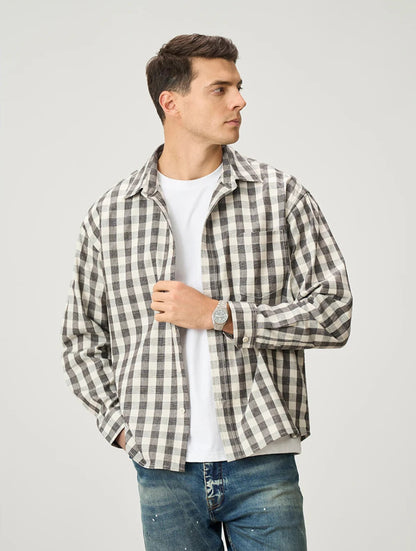 Oversized Linen-Cotton Plaid Casual Shirt
