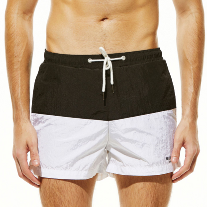 Color Block Beach Swim Shorts - Black + White